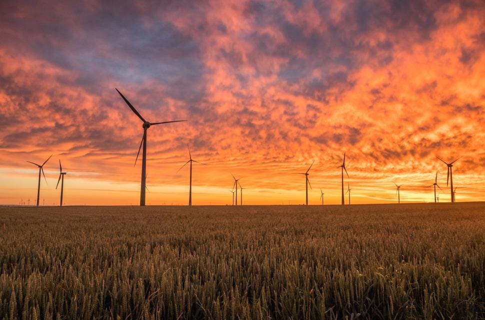 Wind turbine farm at sunset